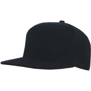 A black premium American twill A-frame cap featuring a solid design and logos.