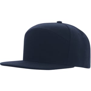 A navy premium American twill A-frame cap featuring a flat peak and a smooth finish, with a logo.