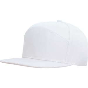 A white Premium American Twill A Frame Cap with a flat brim and a logo on the side.
