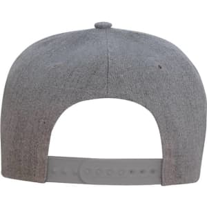 A grey flat peak cap featuring a snapback closure and a branded logo on the back.