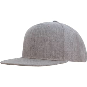 A grey flat peak cap made of premium twill fabric. Features a logo on the front.