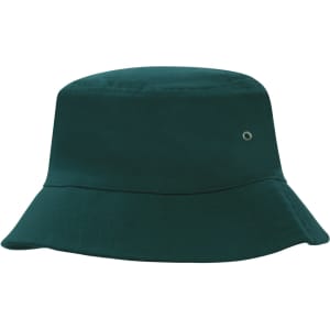 A dark green brushed sports twill bucket hat with a silver eyelet detail.