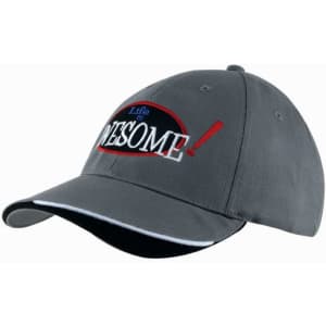 A grey brushed cotton cap with an indented peak and a logo featuring the word "AWESOME!" in bold lettering.