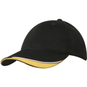 A black cap with an indented peak and yellow details, featuring a logo on the front.