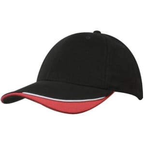 A black cap with a red brim and white accent. It features a logo on the front.