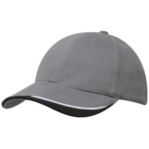 A grey cap with an indented peak and black trim, featuring a logo on the front.
