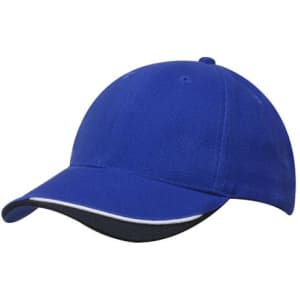 A blue cap with a dark peak, featuring a logo on the front. It has a smooth fabric finish.