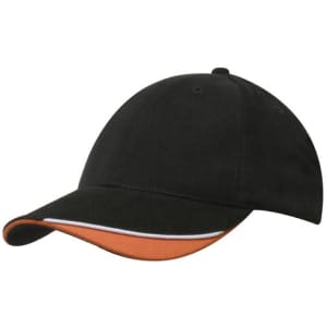 A black cap with an indented peak and an orange underside, featuring a logo on the front.