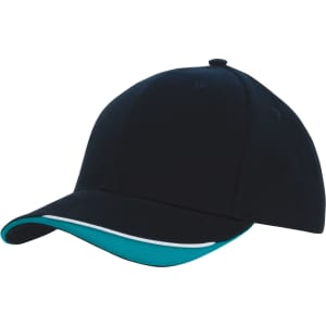 A black cap with an indented peak and teal accents along the brim, featuring a logo on the front.