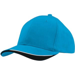 A cap with a bright blue crown and a black peak, featuring an indented design and a branding logo.