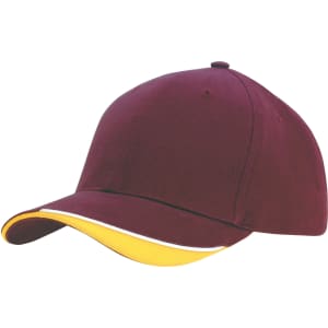 A maroon cap with an indented peak and a yellow trim, featuring a logo on the front.