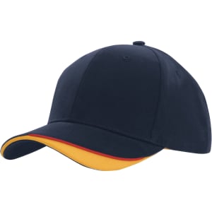 A navy cap with an indented peak and a yellow, red, and yellow trim. The cap features a logo.