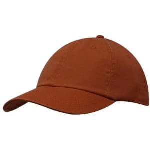 A cap in a rust brown colour with a curved peak and an adjustable strap at the back. It features a logo.