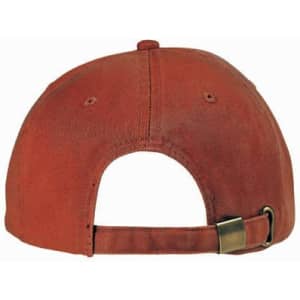 A washed chino twill cap in a rusty orange colour featuring a rear adjustment strap and a logo.