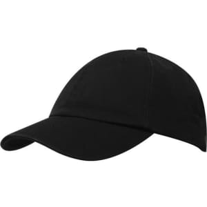 A black cap with a curved brim and a solid crown, featuring a logo on the front.