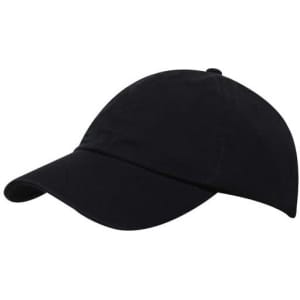 A black cap with a rounded peak and a sleek design, featuring a branding logo.