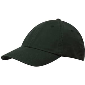 A dark green cap with a curved brim and six ventilation holes, featuring a logo on the front.