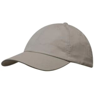 A beige cap with a curved brim and an embroidered logo on the front.