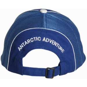A blue cap featuring a mesh back and an adjustable strap, with logos on the side and back.