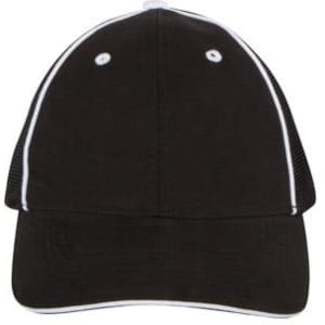 A black cap with white accents and a mesh back, featuring ventilation holes and a branded logo.
