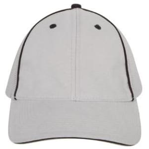 A light grey cap with a structured design and black accents, featuring a logo on the front.