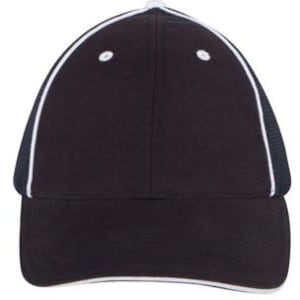 A black cap with high-tech mesh and white detailing. It features a front peak and ventilation holes.