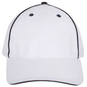 A white cap with black accents and a mesh back, featuring two ventilation holes. It has a logo on the front.