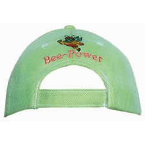 A light green mesh covered cotton twill cap with an adjustable strap at the back and a logo.