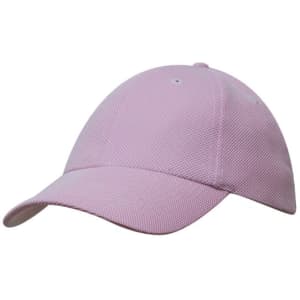 A pink mesh-covered cotton twill cap with a curved brim and ventilation holes, featuring a logo.
