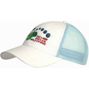Brushed cotton cap with a white front and blue mesh back, featuring a logo on the front.