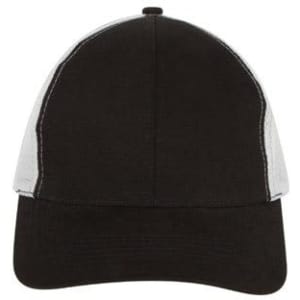 A black cap with a grey mesh back and a curved brim, featuring a logo on the front.