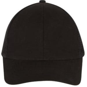 A black trucker cap featuring a brushed cotton front and mesh back, with an unembellished design.