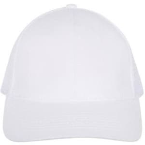 A white cap with a curved brim and mesh back, featuring a logo on its front.