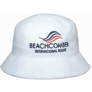A white bucket hat featuring a logo with red and blue waves, labelled "Beachcomber International Resort."