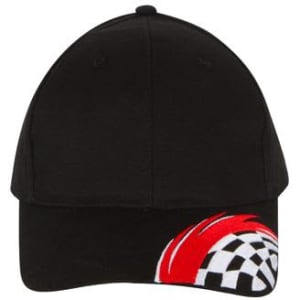 A black cap featuring a red swoosh and checkered pattern embroidery on the side. It has a classic baseball cap shape.