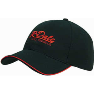 A dark green cap with a red trim and a logo on the front, featuring a mesh design and a curved peak.