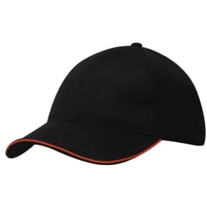 A black cap with an open sandwich peak and orange piping, featuring a logo on the front.