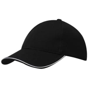A black cap with a rounded crown and a contrasting white trim along the brim. It features a logo on the front.