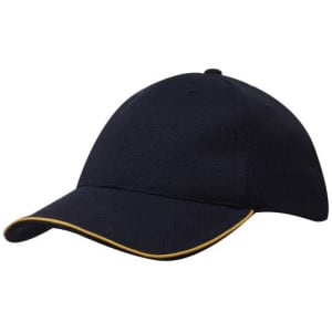 A navy cap with a contrasting yellow trim and a structured design. It features a logo on the front.