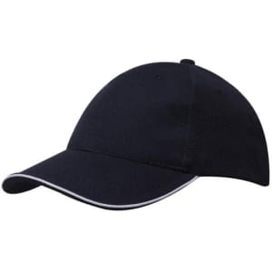 A navy cap with a textured finish and a contrasting white trim around the brim. The cap features a logo.