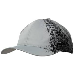 A grey cap featuring a tire print design. It has a curved brim and a branded logo.
