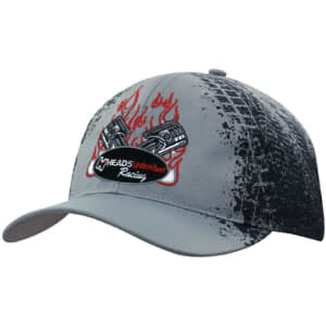 A grey cap featuring a tyre print design and pistons with flames, complete with a branding logo.