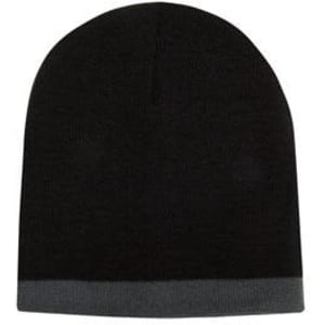 A two-tone acrylic beanie featuring a black top and grey brim, with a logo displayed.