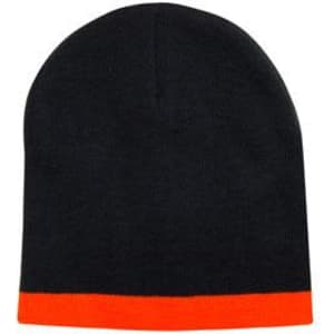 A two-tone acrylic beanie in black with an orange roll-down cuff. It features a logo on the fabric.