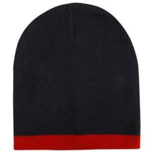 A black acrylic beanie with a red band at the bottom. The beanie has a logo on it.
