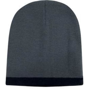 A two-tone acrylic beanie in grey with a dark navy roll-down cuff, featuring a logo.