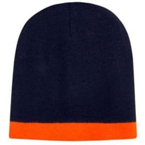 A two-tone acrylic beanie featuring a navy blue body with an orange rolled band at the bottom. It has a logo.