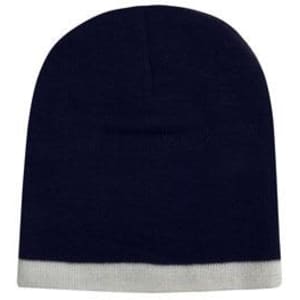 A two-tone beanie in navy blue with a grey brim, featuring a logo.