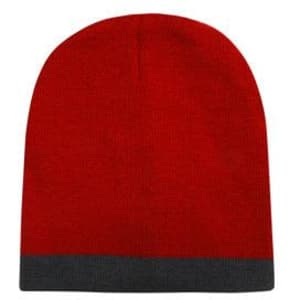 A red beanie with a grey rolled cuff and a logo on the front.