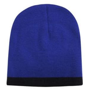 A two-tone acrylic beanie in blue with a black rolled brim and a logo.